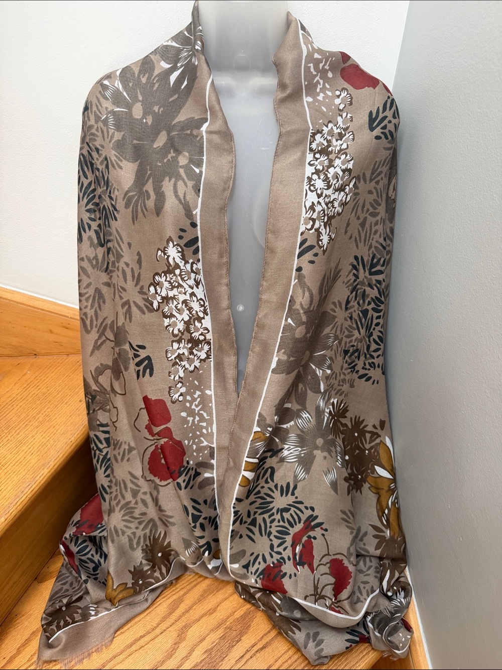 VTG Floral Taupe Rectangular Shawl w/Red & Mustard Accents Viscose Cotton Blend